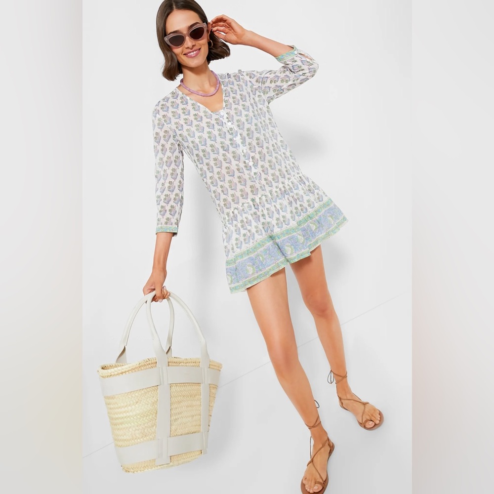 Light Floral V-Neck Mini Dress - White & Green